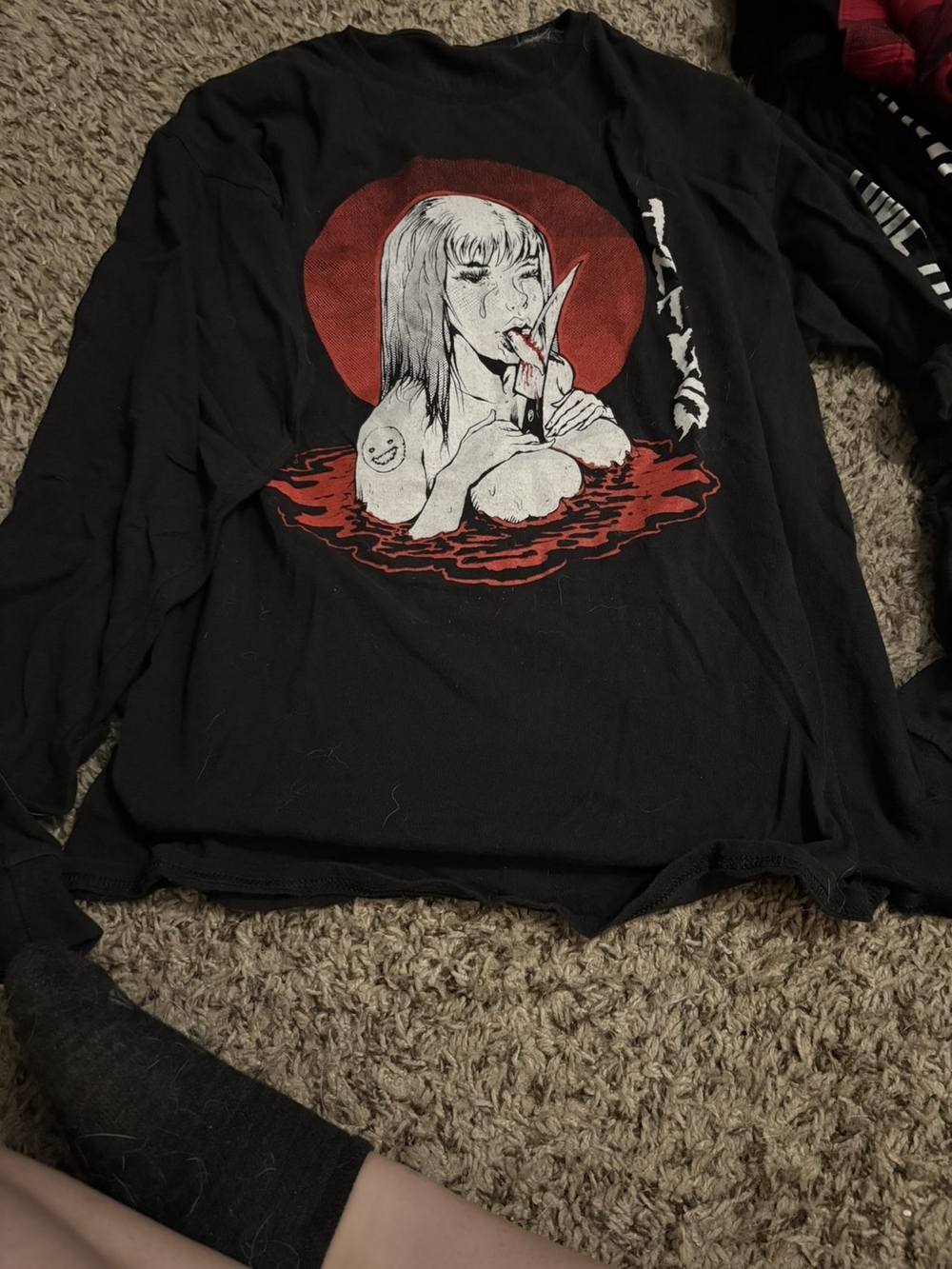 Black Graphic Long-Sleeve Top with Red Accent